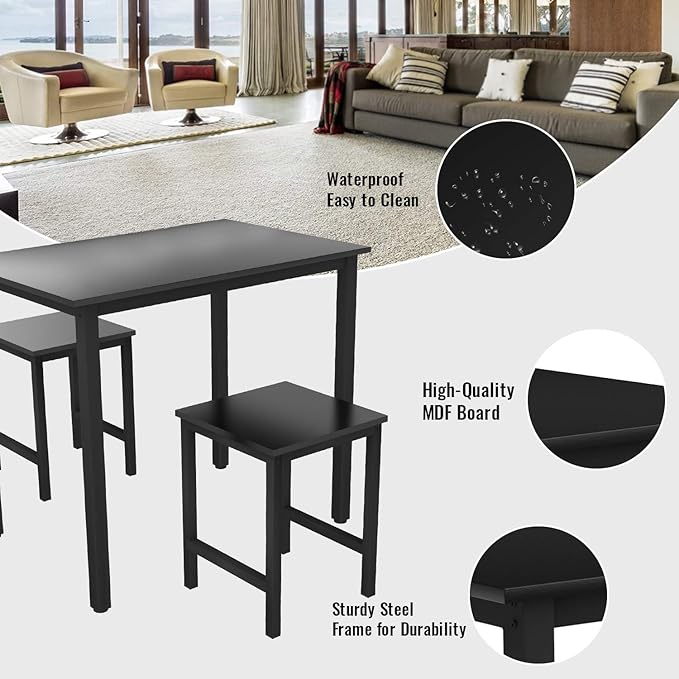 DKLGG 3 Pieces Dining Table Set, Space Saving Kitchen Table Set for 2, Small Dining Table and Chairs for 2, Compact Table w/ 2 Stools Perfect for Breakfast Nook, Living Room, Apartment - LeafyLoom