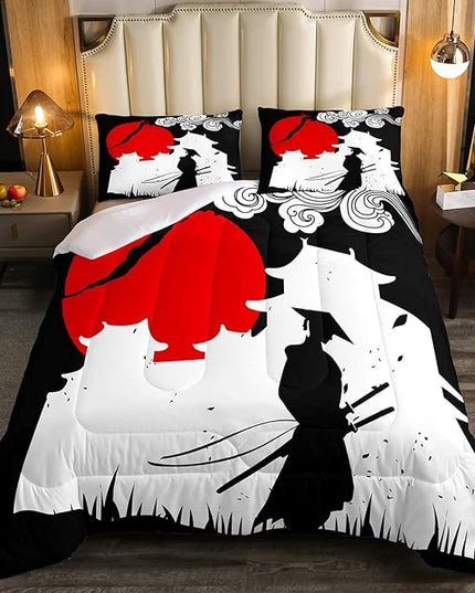 Erosebridal Samurai Comforter Set Queen Size, Sunset Print Down Comforter, Japan Quilted Duvet, Building Silhouette Breathable Quilt Set, Japanese Ukiyoe Bedding Set, Ultra Lightweight - LeafyLoom