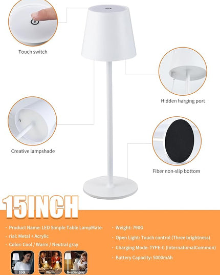 BGFHome Cordless Table Lamp LED Desk Lamp,5000mAh Rechargeable Touch Night Light Lamp,Wireless Minimalist Design for Restaurant/Bedroom/Bars/Outdoor Party/Camping/Coffee Shop（White） - LeafyLoom