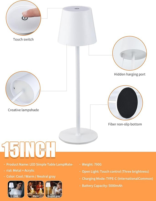 BGFHome Cordless Table Lamp LED Desk Lamp,5000mAh Rechargeable Touch Night Light Lamp,Wireless Minimalist Design for Restaurant/Bedroom/Bars/Outdoor Party/Camping/Coffee Shop(White) - LeafyLoom