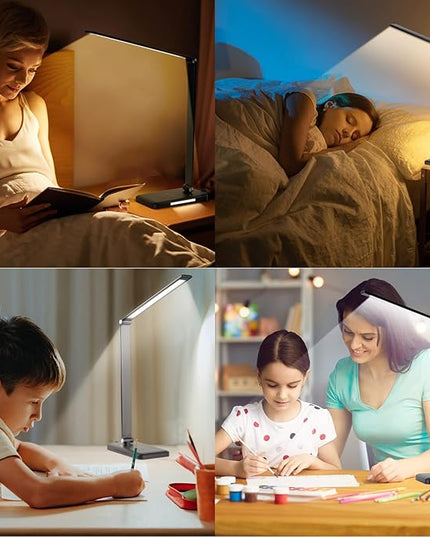 LED Desk Lamp with Night Light, Fast Wireless Charger, USB Charging Port, 10 Brightness, 5 Color Modes, Dimmable Bedside Table Lamp for Bedroom, Touch Control, Auto Timer, 1200Lux Super Bright - LeafyLoom