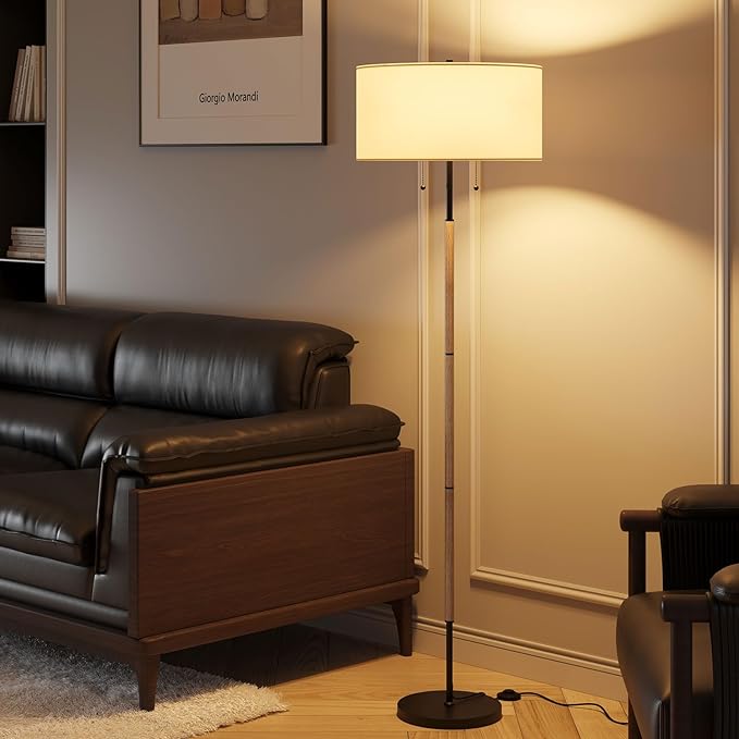 2-Light Floor Lamp, Mid Century Floor Lamp with White Fabric Shade, Standing Lamp Tall Lamp for Living Room Bedroom, 3 Color Temperatures 9W Bulb Include - LeafyLoom