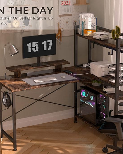 COMHOMA Gaming L Shaped Computer Desk, 55" Home Office Desk with Shelves, L Shape Computer Corner Desk with Charging Port, Gaming Table Power Outlet Build in, LED Writing Desk with Monitor Stand Brown - LeafyLoom