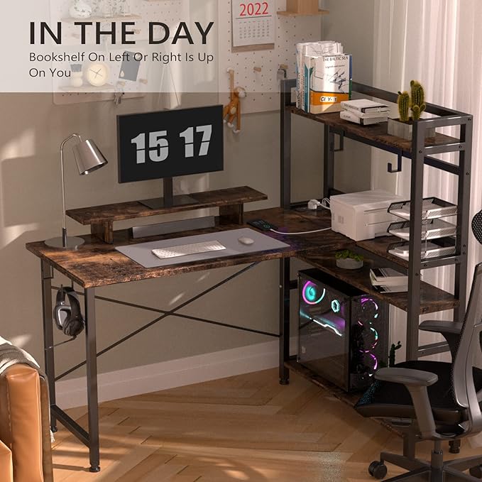 COMHOMA Gaming L Shaped Computer Desk, 55" Home Office Desk with Shelves, L Shape Computer Corner Desk with Charging Port, Gaming Table Power Outlet Build in, LED Writing Desk with Monitor Stand Brown - LeafyLoom