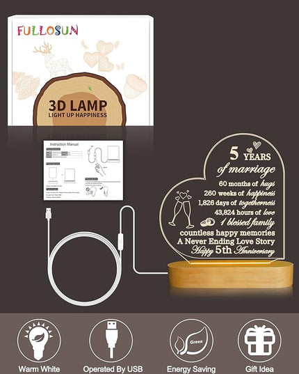 FULLOSUN Anniversary Wedding Gifts for Him/Her, I Love You Night Light 3D Illusion Lamp for Couple Wife Husband Romantic Valentines Wedding Day Present (5th) - LeafyLoom
