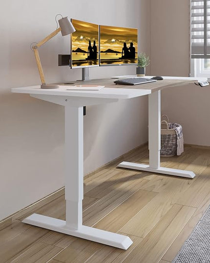 Dual Motor Electric Standing Desk - 63 x 30 Inch Adjustable Height Sit Stand Computer Desk with Splice Board, Stand Up Desk Table for Home Office, White Frame/Oak and White Top(with Radian) - LeafyLoom
