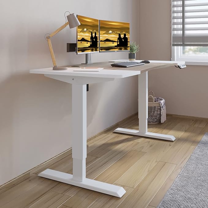 Dual Motor Electric Standing Desk - 63 x 30 Inch Adjustable Height Sit Stand Computer Desk with Splice Board, Stand Up Desk Table for Home Office, White Frame/Oak and White Top(with Radian) - LeafyLoom