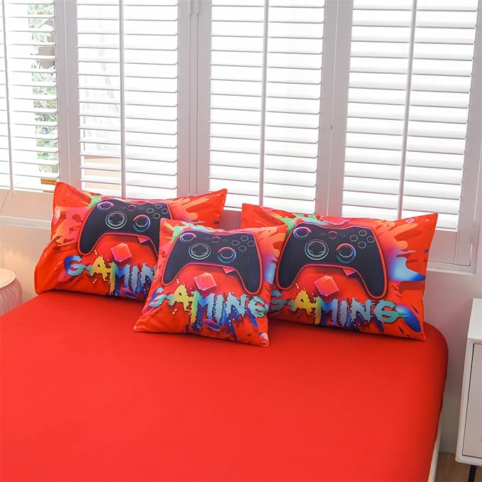 Aimuan Gaming Comforter Sets for Boys Kids Bedding Sets Video Games Console Action Buttons Novelty Colorful Game Gamepad Controller Modern Gamer Room Decor Home Quilt Set (Twin 6 Pcs, Red) - LeafyLoom