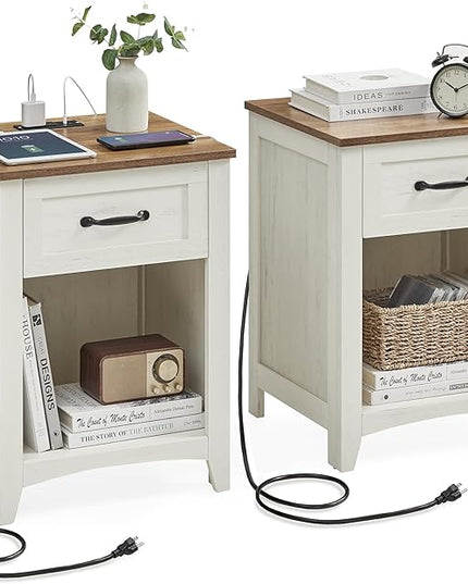VASAGLE Farmhouse Nightstands with Charging Station, Set of 2, Bedside Tables with Drawer, Open Compartment, Side Tables with Storage, for Bedroom, Rustic White and Honey Brown ULET859K41 - LeafyLoom
