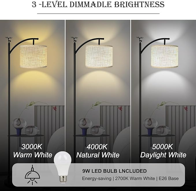 Floor Lamp for Living Room with 3 Color Temperatures LED Bulb,Standing Lamp, High Linen Lampshade Modern Floor Lamp, Living Room Bedroom Office Dining Room Foot Switch Reading Lamp - LeafyLoom