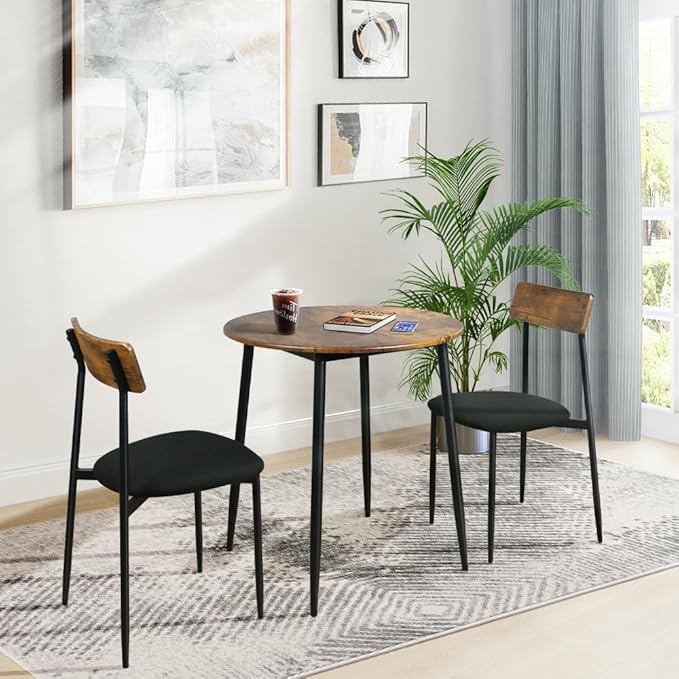 Small Dining Table for 2, Small Kitchen Table for 2, Bar Table, Dining Room Table, Round Dining Table, Bistro Table and Chairs Set of 2, for Small Spaces, with Fabric Seats, Rustic Brown - LeafyLoom