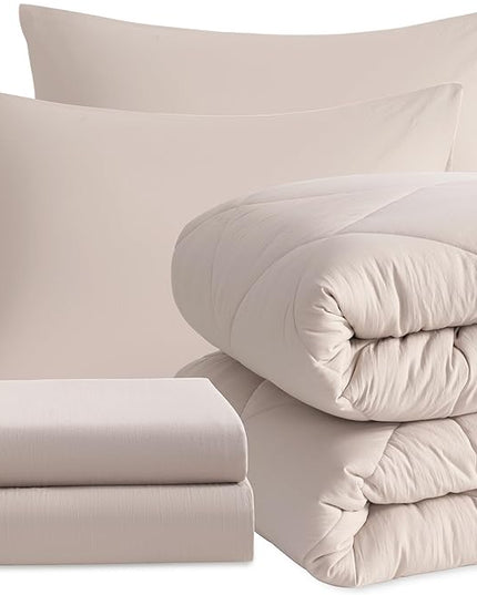 NTBAY Twin Comforter Set with Sheets, 5 Pieces Soft and Breathable Twin Bedding Set, Twin Bed in a Bag, Down Alternative Comforter Set Solid Color All Season, Kids Bedding Set, Taupe - LeafyLoom