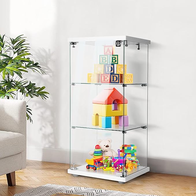 VIVOHOME 3 Layers 16''W x 16''D x 34''H Display Cabinet Showcase Countertop with Lock, 4mm Tempered Glass 25mm MDF Base - LeafyLoom