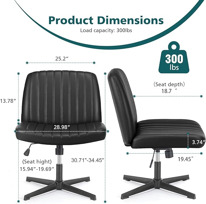 OLIXIS Cross Legged Armless Wide Adjustable Swivel Padded Home Office Desk Chair, Black - LeafyLoom
