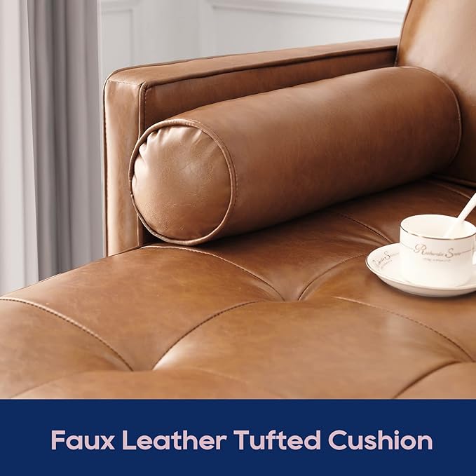 Vonanda Sectional Couch Sofa, L Shaped Couch Leather Sofa with Reversible Chaise and Bolster Pillows, Faux Leather Couch Small Couches for Living Room, Apartment and Small Space, Caramel - LeafyLoom