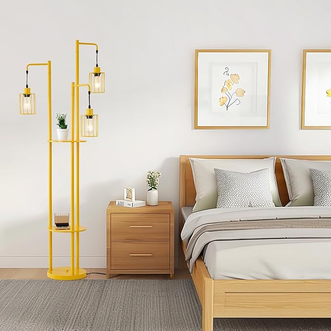 Dimmable floor lamp with tray，Industrial Farmhouse Floor Lamp adjustable Angle，3 Light Rustic Standing Tall Lamp for living room, bedroom and office （bulbs included） - LeafyLoom