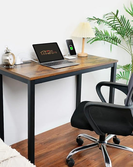Computer Desk 40" with Power Strip, Office Writing Study, Small Computer Desks Easy Assembly Stable Metal Frame, Desk for Home Office Small Space Workbench Workstation, Rustic Brown - LeafyLoom