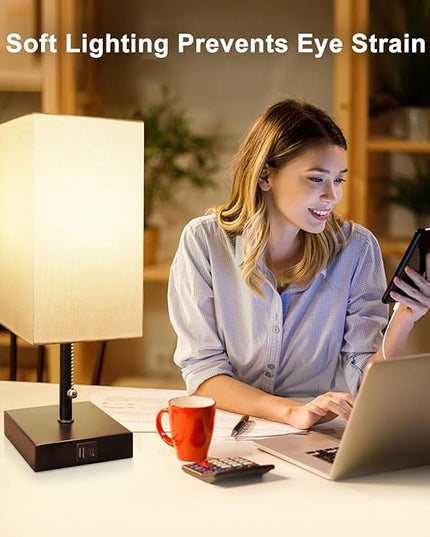 Bedside Table Lamp, Pull Chain for Bedroom with USB-C USB-A Charging Ports, 2700K LED Bulb with Fabric Lampshade, Nightstand Lamp for Living Room Bedroom Office Study Room (White) - LeafyLoom