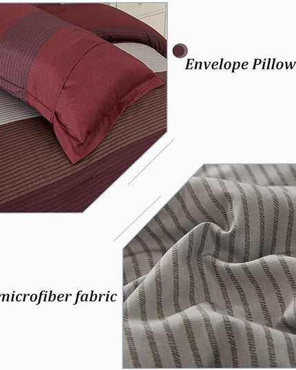 WONGS BEDDING Burgundy Comforter Set King, Reversible Burgundy Stripe Down Alternative Comforter for All Season,3 Pieces(1 Comforter+2 Pillowcases), Soft Microfiber Bedding Duvet Set 104”×90” - LeafyLoom