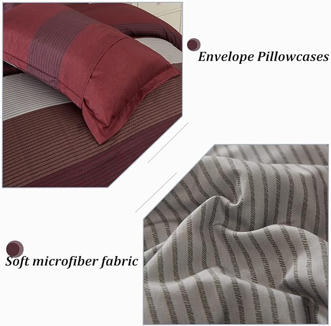 WONGS BEDDING Burgundy Comforter Set Queen, Reversible Burgundy Stripe Down Alternative Comforter for All Season,3 Pieces(1 Comforter+2 Pillowcases), Soft Microfiber Bedding Duvet Set 90”×90” - LeafyLoom