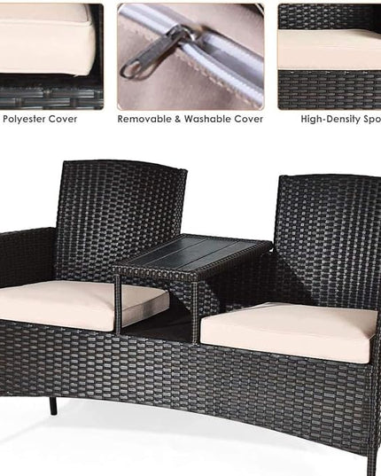 LUARANE Outdoor Rattan Sofas, Contract Patio Conversation Set Wicker Sofa Set with Built-in Coffee Table, Patio Furniture Set with Cushions, Rattan Loveseat for Lawn Backyard Garden (Brown+Beige) - LeafyLoom