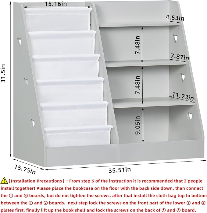 Lerliuo 4 Tier Kids Bookshelf and Storage Organizer, Five Layer Sling Children Bookcase, Baby Toddler Wooden Book Shelf, Display Cabinet for Playroom, Bedroom, Classroom, Nursery, School (Grey) - LeafyLoom