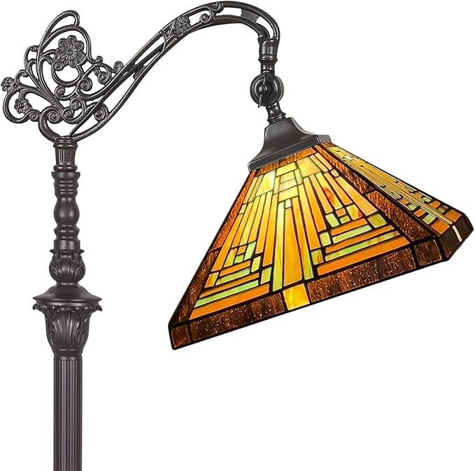 Capulina Tiffany Floor Lamp H62 Tall Antique Mission Style Stained Glass Soft Light Arched Gooseneck Adjustable Angle Reading Lamp for Living Room Bedroom - LeafyLoom