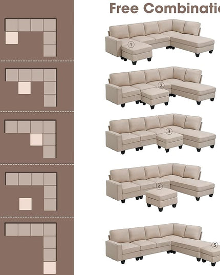 104" L-shaped Sectional Sofa, 7 Seater Couch Set with Chaise Lounge and Convertible Ottoman, Comfy Sectional Sofa for Living Room, Apartment, Office - LeafyLoom