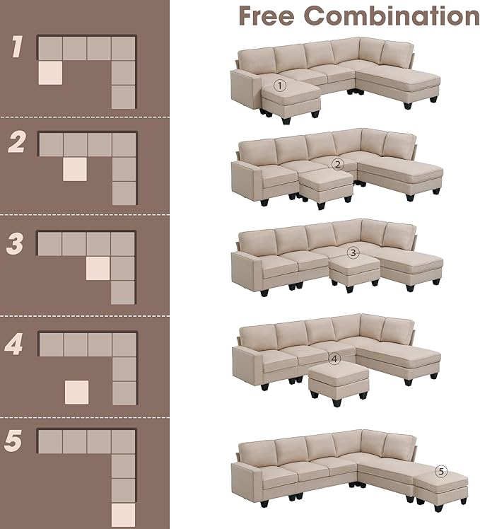 104" L-shaped Sectional Sofa, 7 Seater Couch Set with Chaise Lounge and Convertible Ottoman, Comfy Sectional Sofa for Living Room, Apartment, Office - LeafyLoom