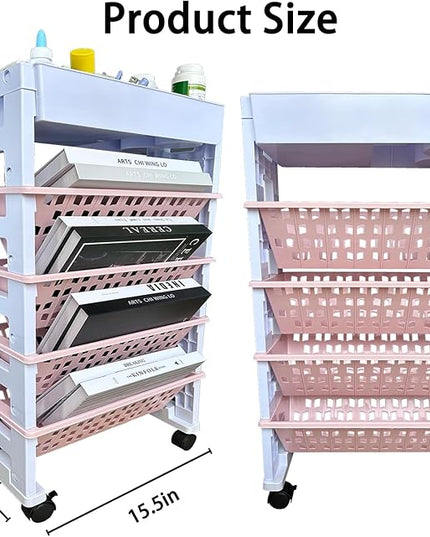 5 Tier Rolling Utility Book Cart, Movable Bookshelf Organizer with Wheels, Storage Book Shelves, Book Rack for Study in Classroom School Office, White-Pink - LeafyLoom