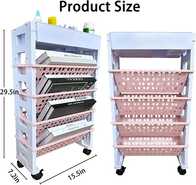 5 Tier Rolling Utility Book Cart, Movable Bookshelf Organizer with Wheels, Storage Book Shelves, Book Rack for Study in Classroom School Office, White-Pink - LeafyLoom