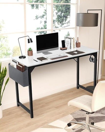 JHK Computer Small Desk Office 32 Inch Writing Work Kids Study Simple Wooden Table for Home Bedroom Modern Style with Headphone Hooks & Storage Bag, White - LeafyLoom