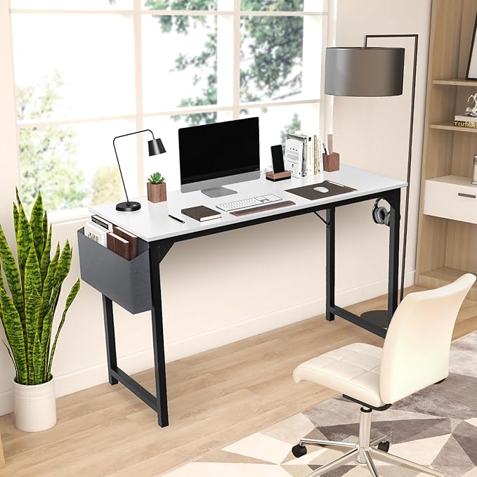 JHK Computer Small Desk Office 32 Inch Writing Work Kids Study Simple Wooden Table for Home Bedroom Modern Style with Headphone Hooks & Storage Bag, White - LeafyLoom