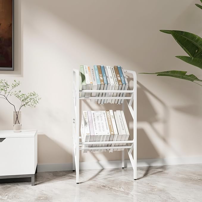 Bookshelf Storage Shelf Bookcase Freestanding Storage Stand Book Organizer for Living Room, Bedroom, Kitchen, Rust Resistance,Easy Assembly Multi-Functional Organizer (2 Tiers, White) - LeafyLoom