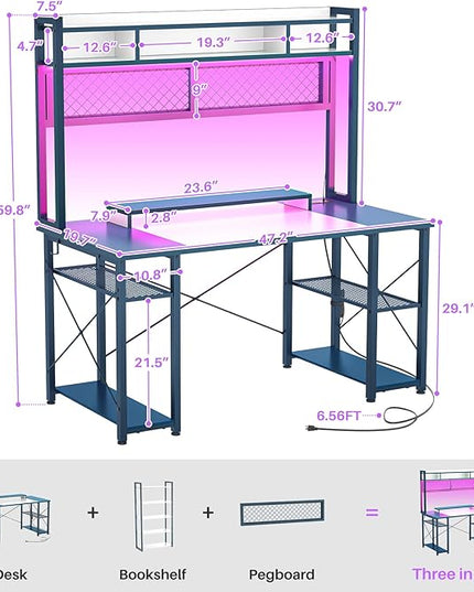armocity 2024 Upgrade Gaming Desk with Hutch, 48'' Magic Computer Desk with LED Lights and Outlets, Reversible Workstation Desk with Pegboard and Monitor Stand, 48 Gamer Desk PC Table, White and Blue - LeafyLoom