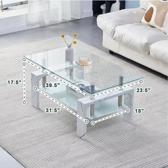 Living Room Rectangle Coffee Table, Tea Table Suitable for Waiting Room, Modern Side Coffee Table with Wooden Leg, Glass Tabletop with Lower Shelf, Marble - LeafyLoom