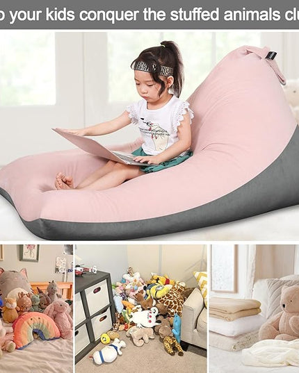 Stuffed Animal Storage Bean Bag Chair for Kids and Adults, Luxury Velvet Stuffed Animal Storage, Stuffie Seat - COVER ONLY(Pink & Dark Grey 200L/52 Gal) - LeafyLoom