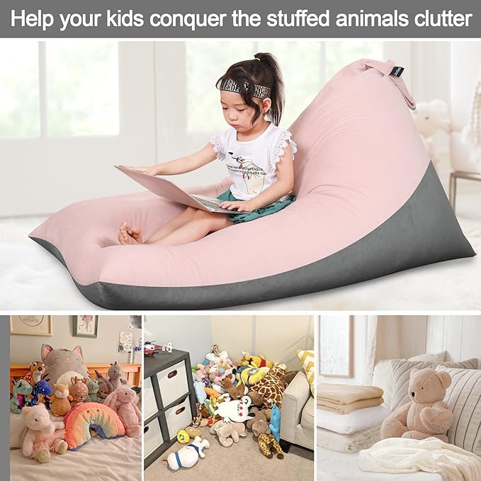Stuffed Animal Storage Bean Bag Chair for Kids and Adults, Luxury Velvet Stuffed Animal Storage, Stuffie Seat - COVER ONLY(Pink & Dark Grey 200L/52 Gal) - LeafyLoom