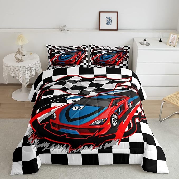Red Race Car Bedding Set King Size Cool Racing Car Comforter Set Competition Extreme Sports Game Down Comforter for Kids Boys Girls Teens Bedroom Decor Plaid Pattern Duvet Insert with 2 Pillowcases - LeafyLoom
