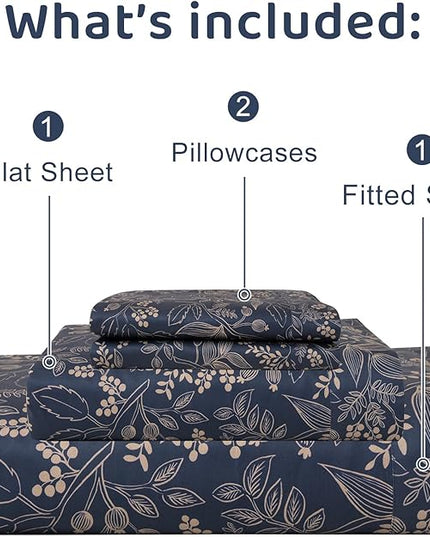 QSH Floral Egyptian Cotton Sheets Queen Size - Elegant Navy Botanical Pattern Printed Bedding Sheets Queen Size Bed Extra Soft and Breathable 4pcs Deep Pockets Bed Sheets - LeafyLoom