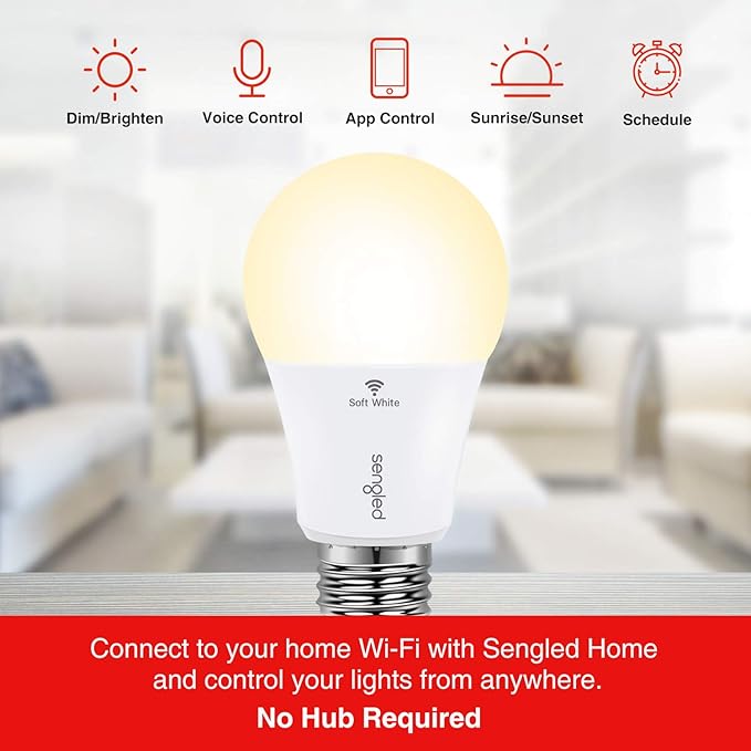 Sengled Smart Light Bulb, WiFi Light Bulbs That Work with Alexa & Google Home, No Hub Required, Smart LED Light Bulb A19 Soft White (2700K), 2 Pack Sengled