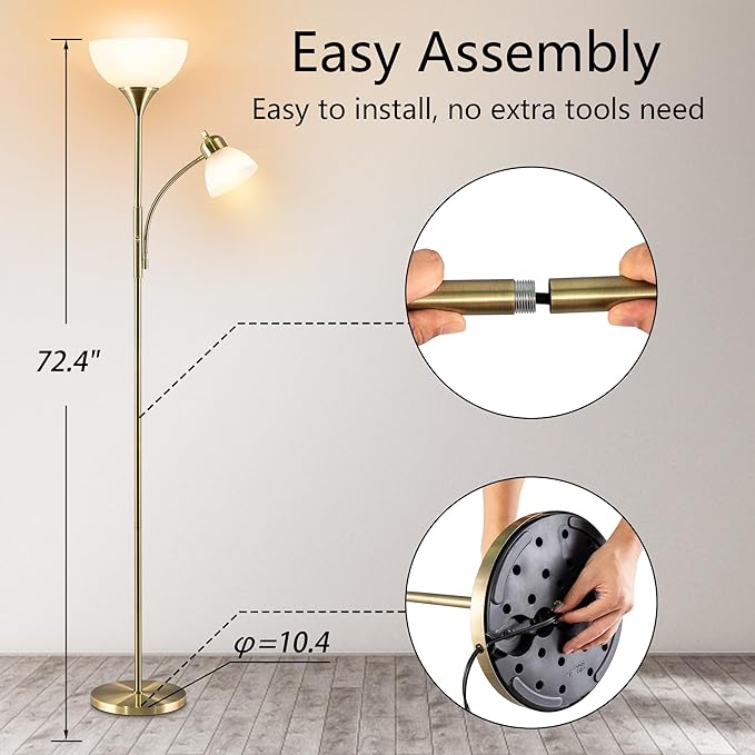Floor Lamp, Dimmable Standing lamp, 3 Levels Dimmable Brightness, Included 9W and 5W LED Bulbs, Industrial Floor Lamp for Living Room, Bedroom, Office, Reading - LeafyLoom