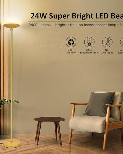BoostArea Torchiere Floor Lamp, 24W Super Bright LED Standing Lamp, 3000K Stepless Dimmable Pole Lamp with Rotary Switch, 70 Inch Tall Metal Modern Floor Lamps for Living Room/Bedroom/Office/Den, Gold - LeafyLoom