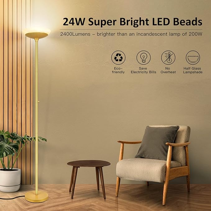 BoostArea Torchiere Floor Lamp, 24W Super Bright LED Standing Lamp, 3000K Stepless Dimmable Pole Lamp with Rotary Switch, 70 Inch Tall Metal Modern Floor Lamps for Living Room/Bedroom/Office/Den, Gold - LeafyLoom