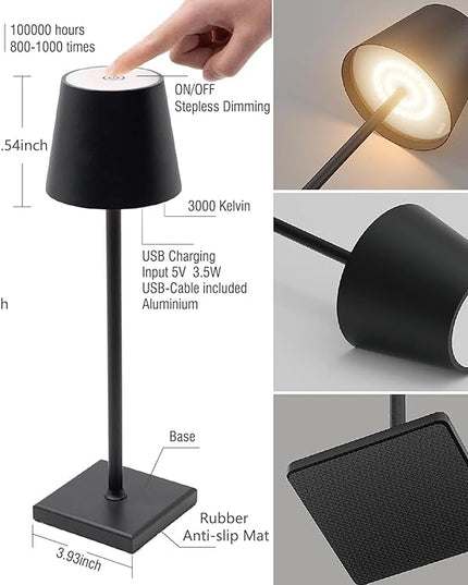 2 Pack Rechargeable Table Lamp, 3 Color Dimmable Modern Battery Powered Lamp, 5200mAh Touch Cordless LED Desk Lamp for Bedroom Reading Office Bar Cafe Patio (Black) - LeafyLoom