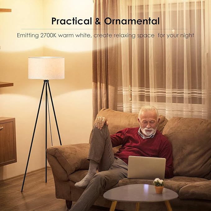 Floor Lamp for Living Room, Tripod Floor Lamp, 15W LED Bulb, 3 Levels Dimmable Brightness, Linen Lamp Shade, Mid Century Standing Lamp for Living Room, Bedroom, Study Room and Office - LeafyLoom