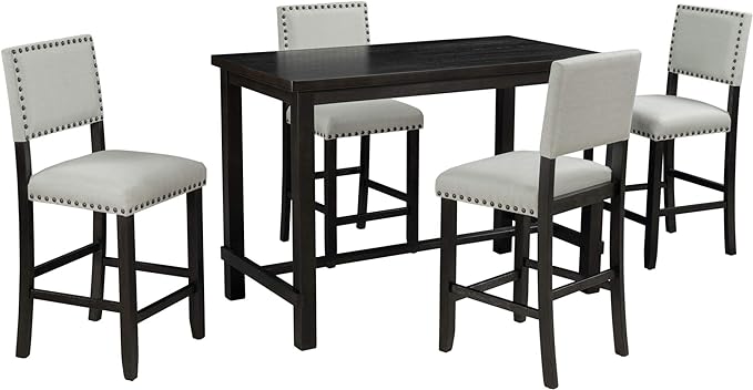 RITSU Elegant 5 Piece Counter Height Dining Table Set with 4 Upholstered Chairs w/Rivet Trim, Solid Wood Construction, Suitable for Living Room, Kitchen, Espresso and Beige, 52inch - LeafyLoom