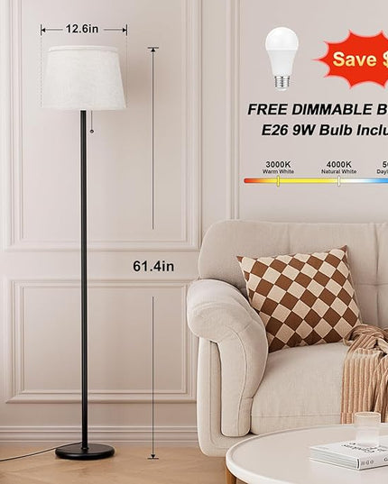 Floor Lamps for Living Room - 3 Color Temp(3000/4000/5000K) Standing Lamp with Pull Chain Switch, Black Floor Lamp with Lampshade, Modern Tall Light for Bedroom Office(9W Bulb Included) - LeafyLoom