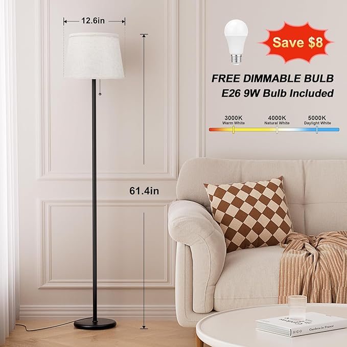 Floor Lamps for Living Room - 3 Color Temp(3000/4000/5000K) Standing Lamp with Pull Chain Switch, Black Floor Lamp with Lampshade, Modern Tall Light for Bedroom Office(9W Bulb Included) - LeafyLoom