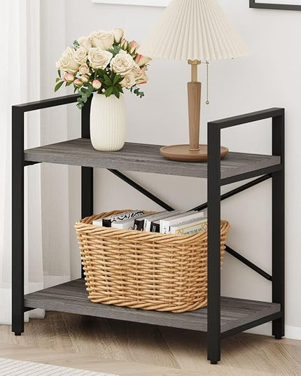 BON AUGURE Small Bookshelf for Small Space, 2 Tier Shelf Floor Bookcase for Storage, Industrial Short Low Wood Metal Book Shelves for Bedroom, Office and Living Room(Dark Gray Oak) - LeafyLoom